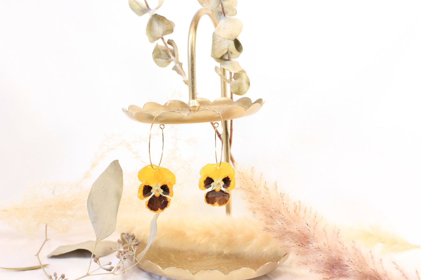 Anneaux or avec pensées jaunes et marrons