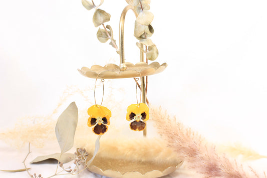 Anneaux or avec pensées jaunes et marrons